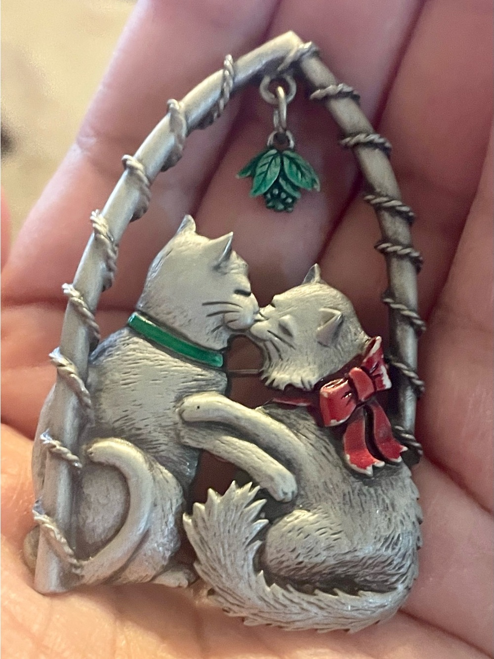 Silver Cat Couple Brooch with Green and Red Enamel Accents